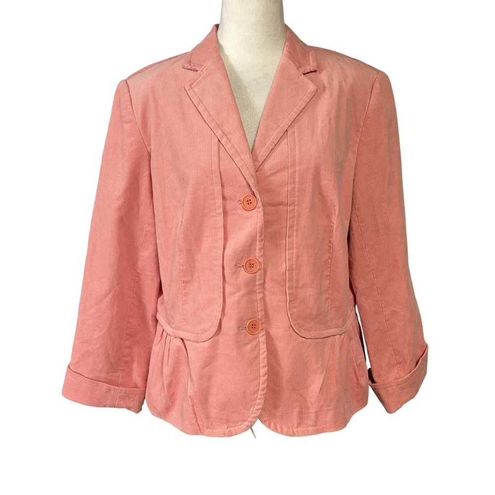 Talbots Jacket Womens 14P‎ Pink Corduroy Blazer Peplum Hem Button Front Lined